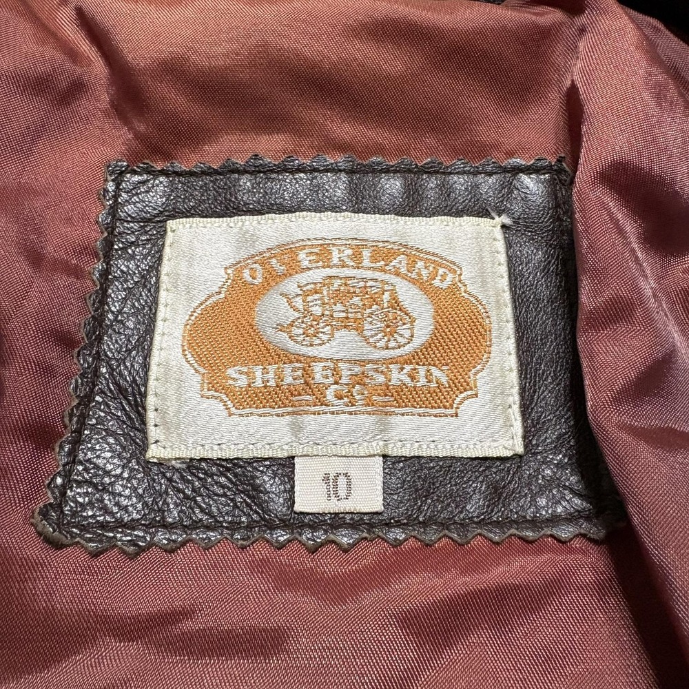 Overland Sheepskin Co Jacket Womens 10 Brown Leather Bomber Full Zip Collared - Picture 2 of 12